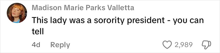 Comment by Madison Marie Parks Valletta saying this lady was a sorority president, related to date changed last minute wedding shaming discussion.