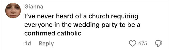 Comment from Gianna discussing wedding party requirements, related to date changed last minute wedding shaming.