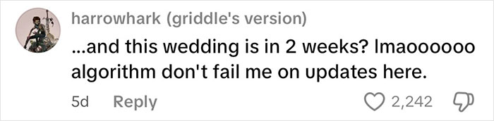 Screenshot of a social media comment joking about a wedding date change and hoping the algorithm supports last-minute updates.