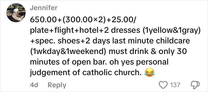 Comment about last minute wedding costs, childcare, and date changed last minute wedding shaming frustration.