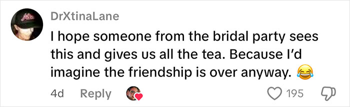 Social media comment reacting to a date changed last minute wedding shaming, expressing hope for insider details.