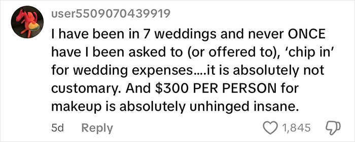 User comment criticizing expectations to pay for wedding expenses and makeup costs, highlighting date changed last minute wedding shaming issues.