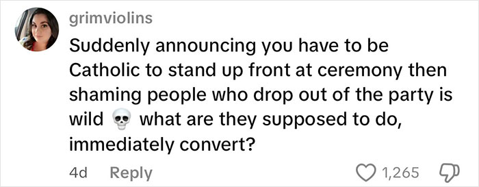 Screenshot of a social media comment discussing last minute wedding date change and wedding shaming over ceremony requirements.