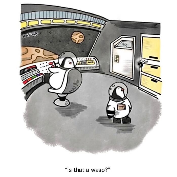 Funny animal comics showing two penguins in space suits inside a spaceship, one sitting and one standing near a door.