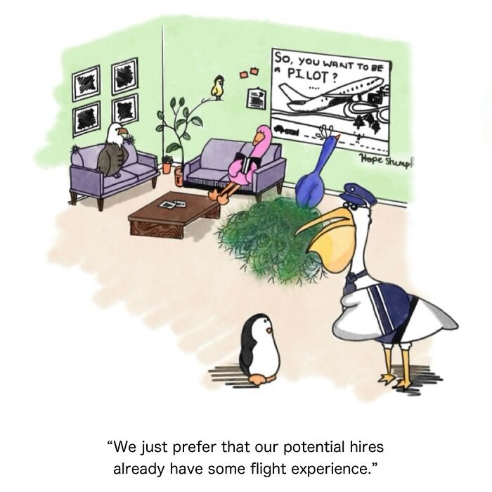 Adorably funny animal comics showing birds in a pilot interview with a peacock as the interviewer.