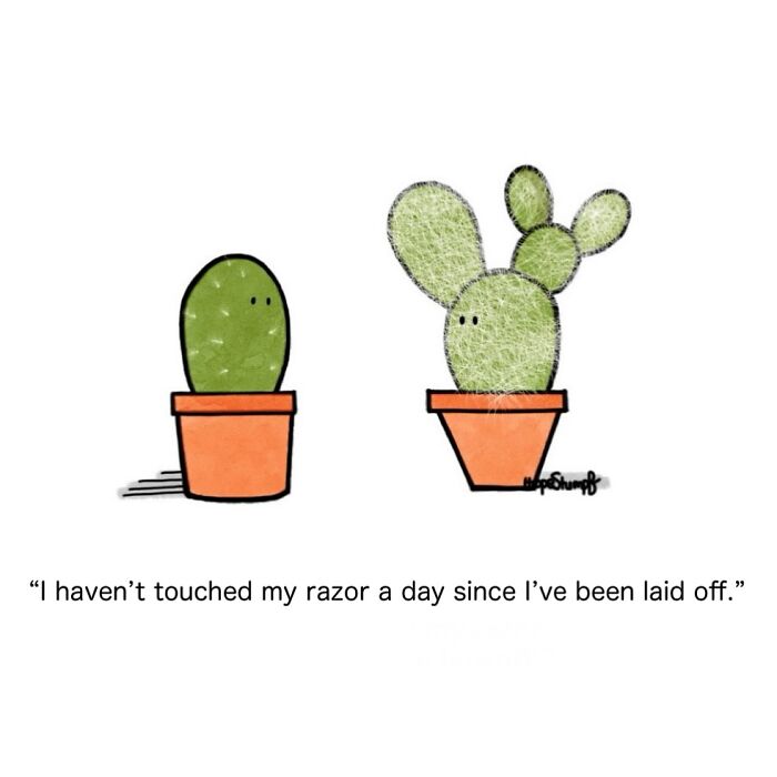 Two cute cacti with faces in pots in a funny animal comics style about not using a razor after being laid off.