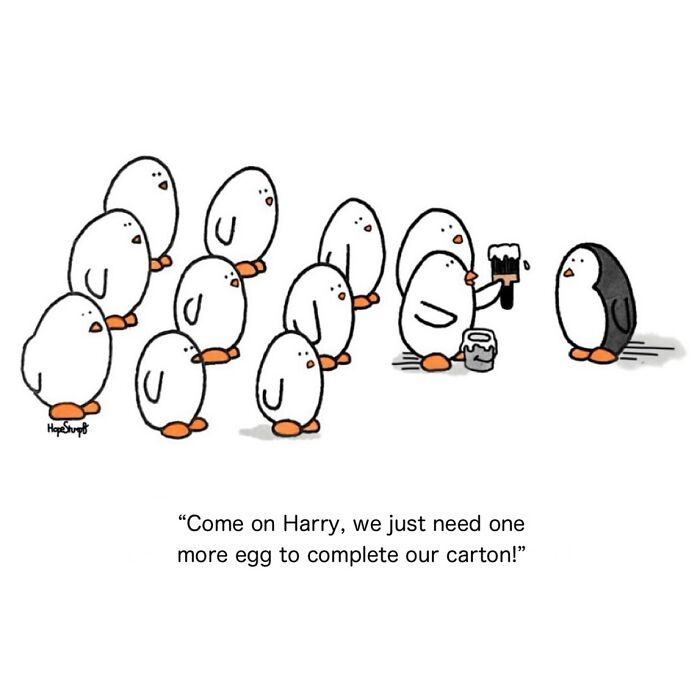 Adorably funny animal comics showing a group of cartoon penguins with one holding a paintbrush and can.