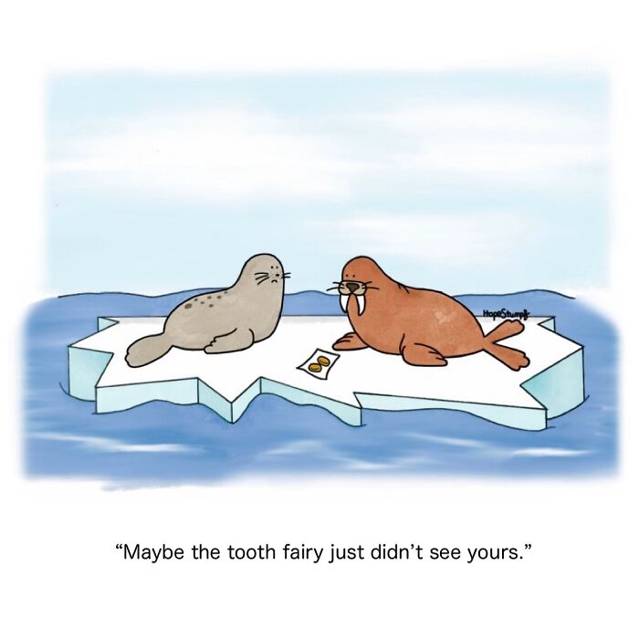 Funny animal comics showing a walrus and seal on ice, with a humorous tooth fairy joke in a cute comic style.