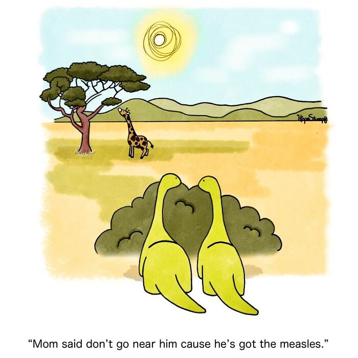 Funny animal comic showing two dinosaurs watching a giraffe with a caption about measles in a savanna scene.