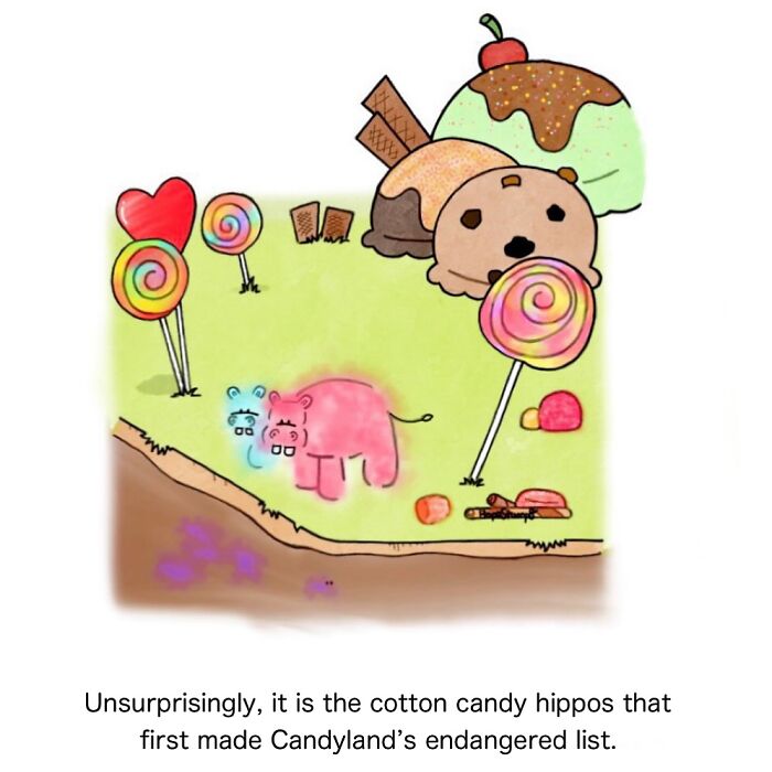 Cartoon of adorably funny animal comics featuring cotton candy hippos in a colorful candyland setting with giant lollipops.