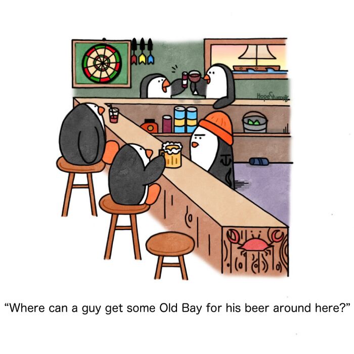 Cute funny animal comics showing penguins drinking at a bar with humorous dialogue about Old Bay seasoning.