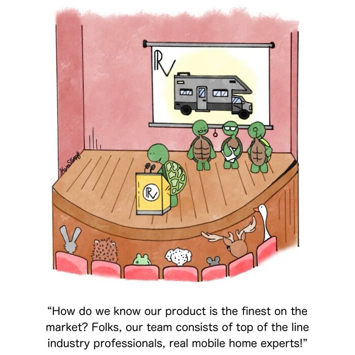 Cute animal comics showing turtles giving a funny presentation about mobile homes to an animal audience.