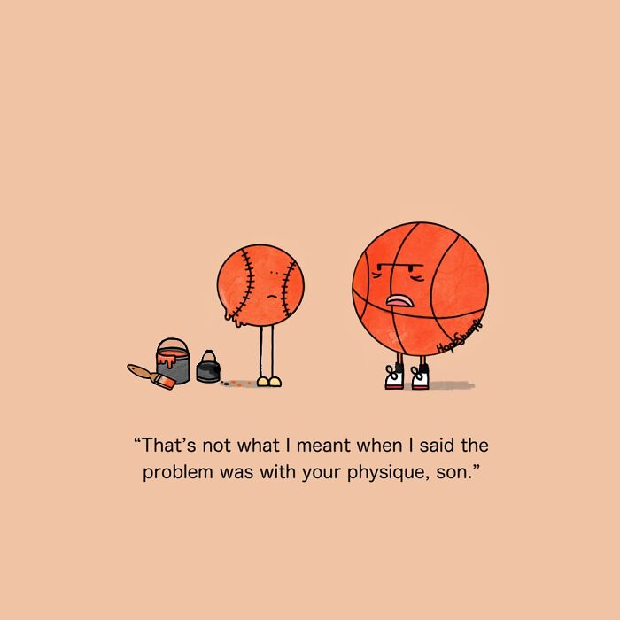 Funny animal comic showing a distressed baseball and a basketball with legs and shoes talking about physique.