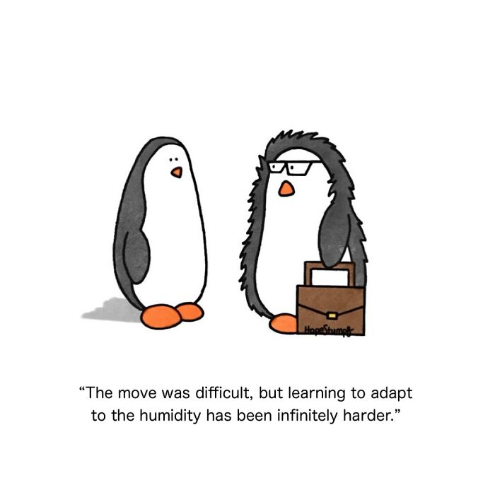 Adorably funny animal comics feature two penguins, one wearing glasses and holding a briefcase, humorously discussing humidity.