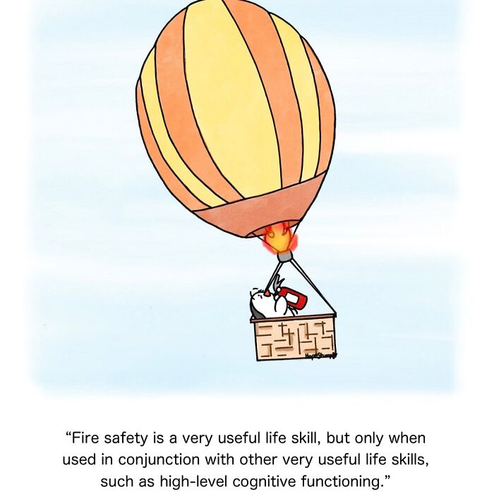 Cartoon animal in a hot air balloon holding a fire extinguisher in a funny animal comic style illustration.