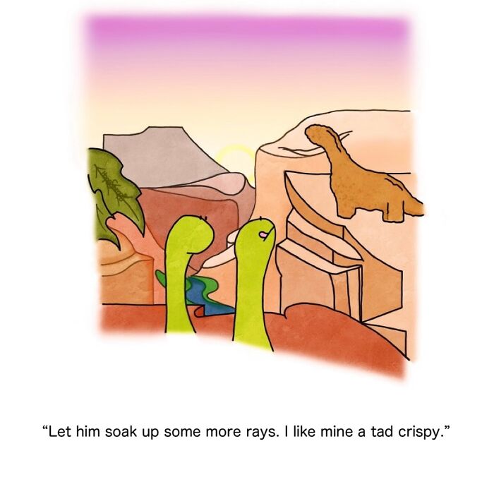 Funny animal comics showing two dinosaurs watching another dinosaur sunbathing on a rock at sunset.