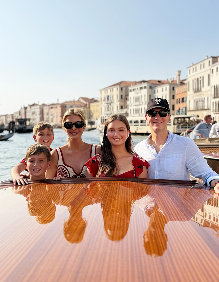 Ivanka Trump and family enjoying a boat ride, possibly revealing Jeff Bezos wedding location with scenic waterfront backdrop. Ivanka Trump and family enjoying a boat ride, possibly revealing Jeff Bezos wedding location with scenic waterfront backdrop.