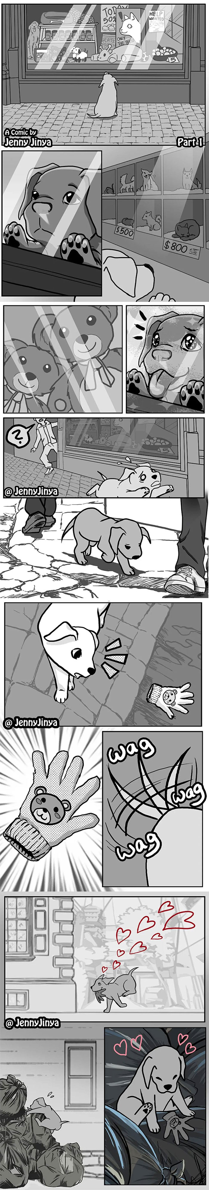 Black and white comic panels showing a sad puppy, tearjerker animal story by artist Jenny Jinya with emotional pet moments.