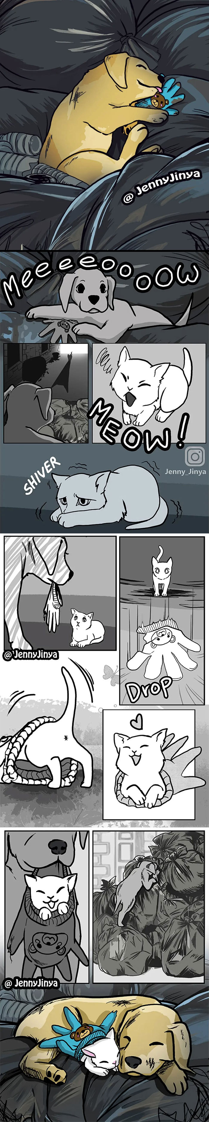 Comic strips by artist Jenny Jinya featuring emotional grim reaper animal stories with dogs and cats in tearjerker scenes.