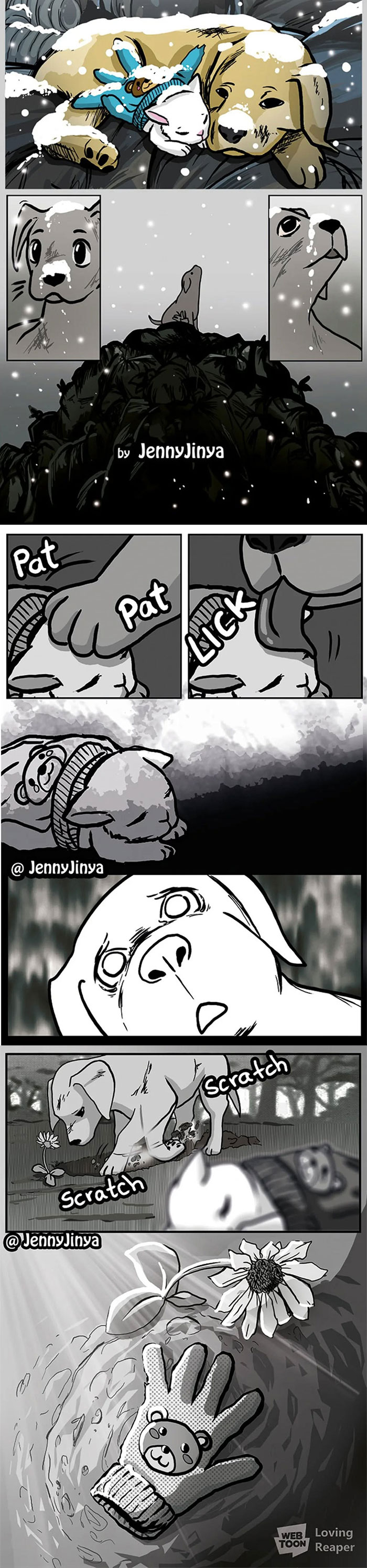Comic panels showing a dog and rabbit in snow, a grieving dog, and a buried glove illustrating grim reaper animal comics by JennyJinya.
