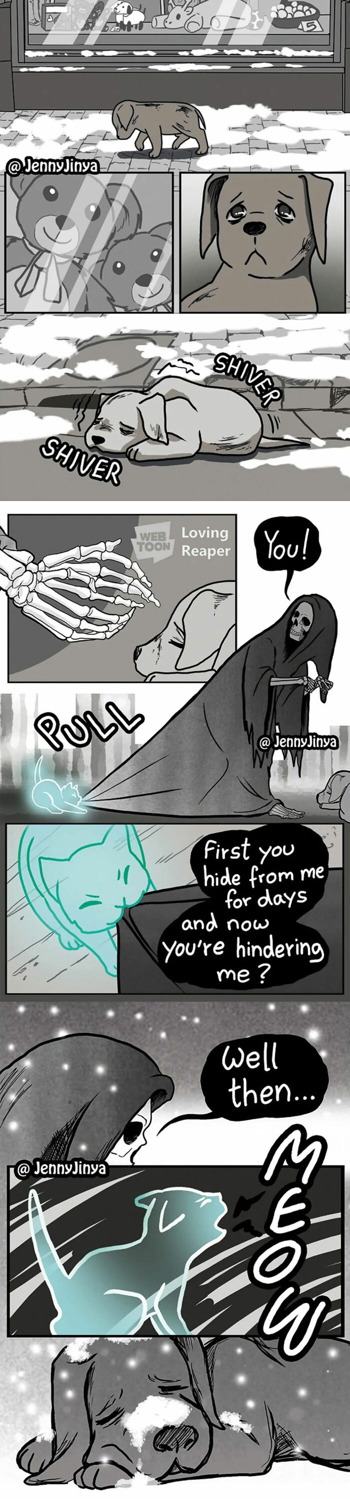Comic panels showing a grim reaper interacting with a shivering dog and a glowing cat in emotional animal comics.