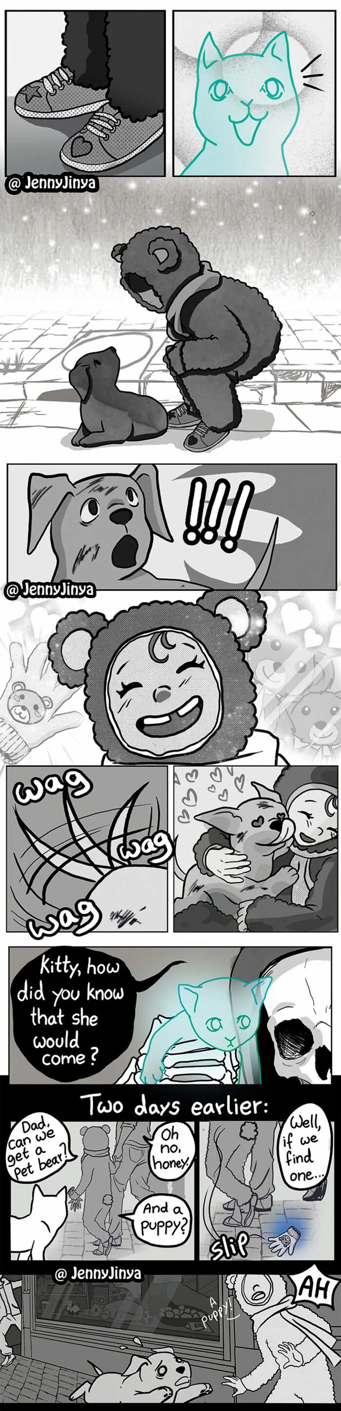 Comic panels showing grim reaper animal comics with a child in a bear suit, a puppy, and a glowing cat ghost.