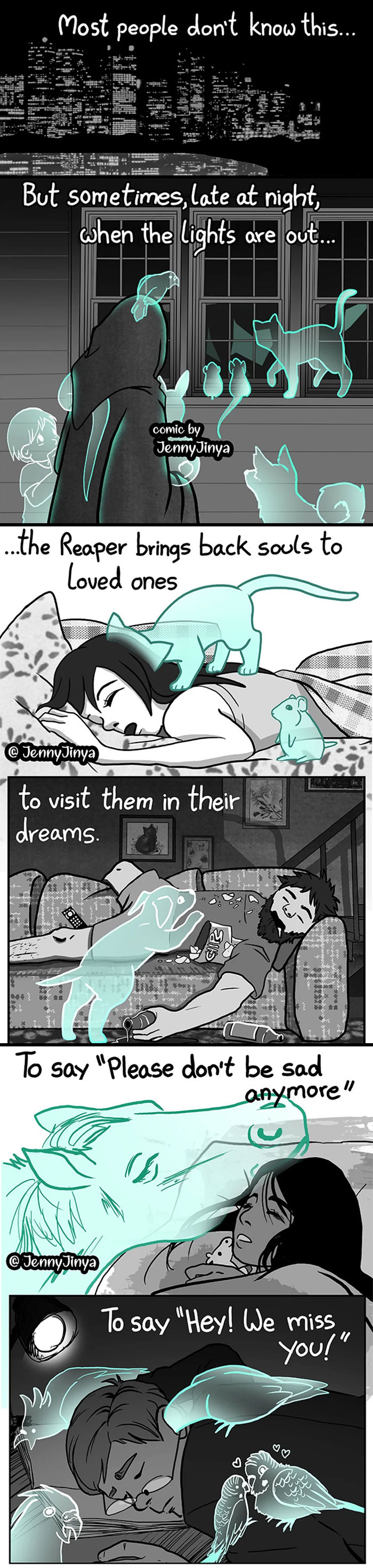 Comic by JennyJinya featuring grim reaper animal souls visiting loved ones to comfort them in dreams.