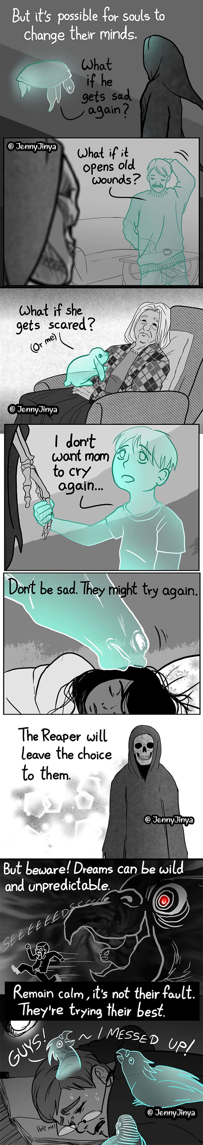 Comic panels depicting grim reaper animal comics by artist Jenny Jinya, illustrating emotional tearjerkers and soul struggles.