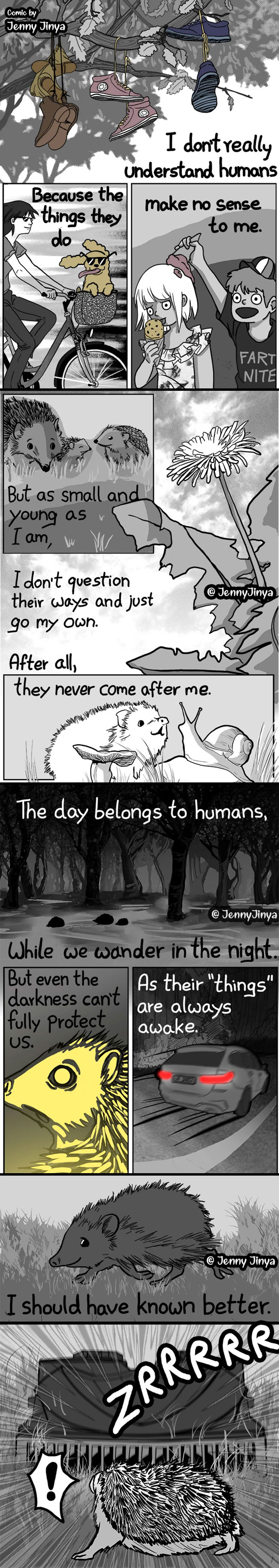 Comic by Jenny Jinya depicting animals reflecting on humans, highlighting emotional tearjerker Grim Reaper animal comics themes.