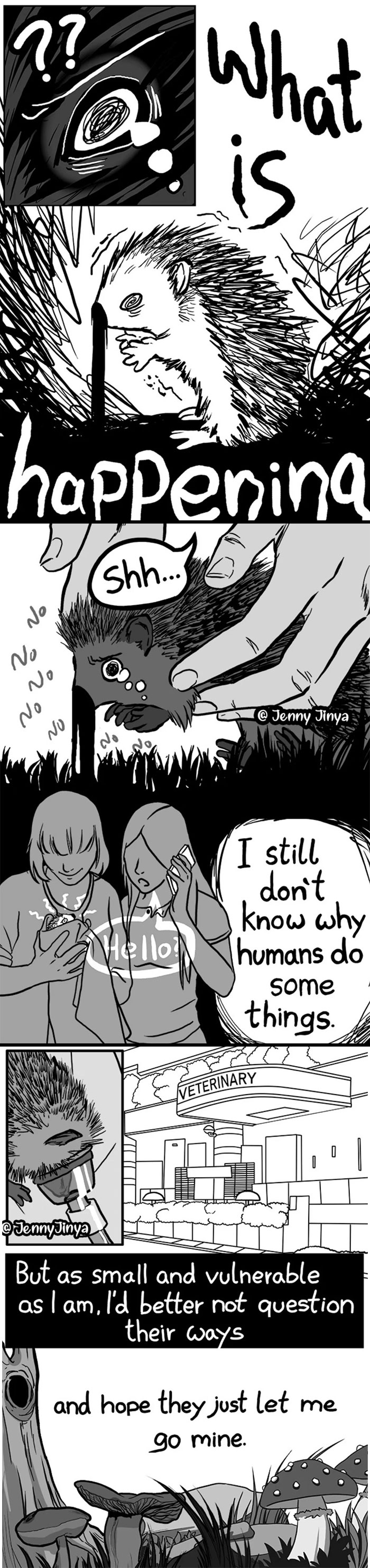 Black and white comic strip of a vulnerable hedgehog reflecting on human actions, by artist known for grim reaper animal comics.