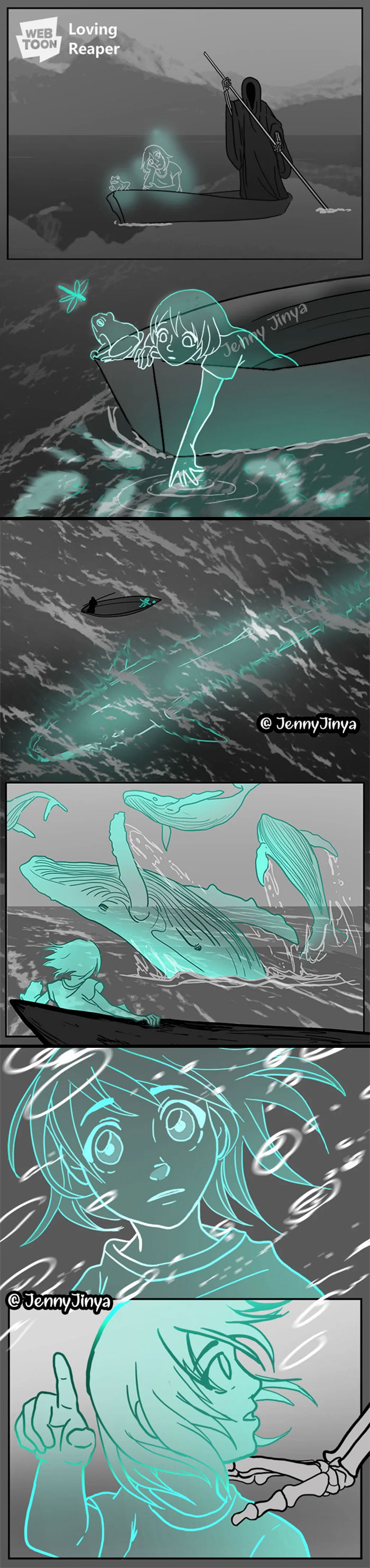 Grim Reaper animal comics by Jenny Jinya showing a glowing girl and spirits with whales in a boat at night.