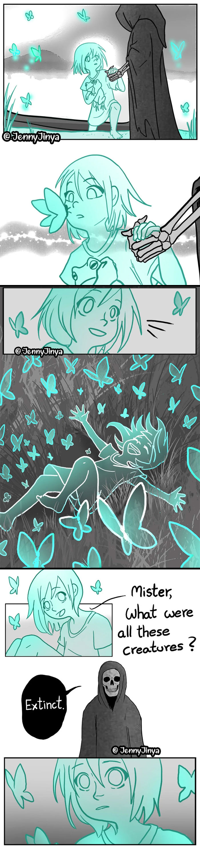 Comic panels showing a girl interacting with the Grim Reaper surrounded by glowing butterflies in a tearjerker animal comic style.