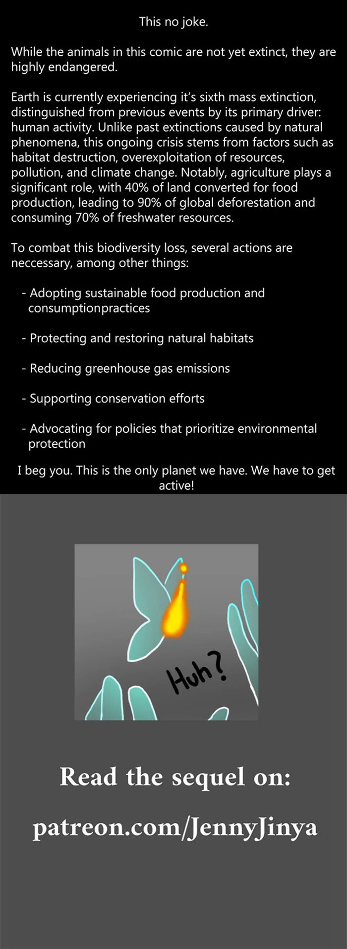 Text about endangered animals and biodiversity loss with a comic-style glowing butterfly and hands illustration.