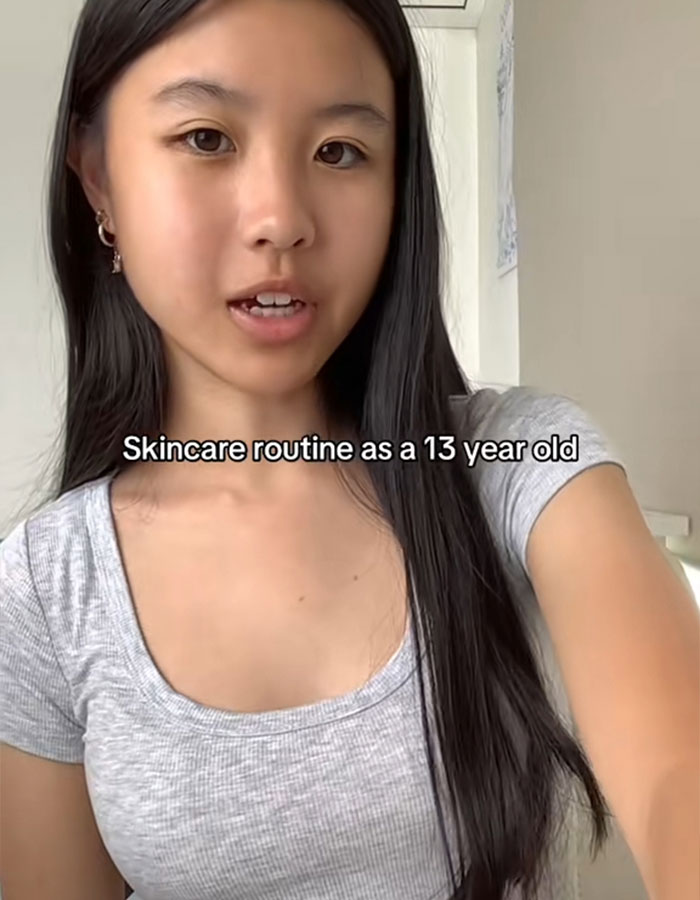 Pre-teen girl sharing skincare routine on social media, highlighting concerns about dangerous trends affecting young girls&rsquo; health.