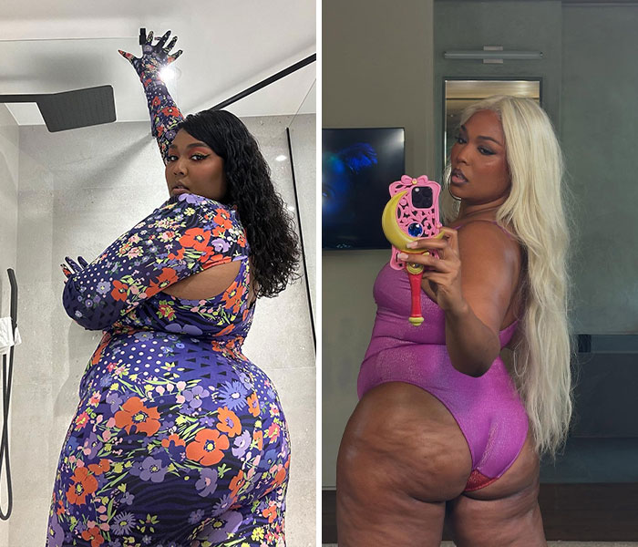 Lizzo shows off mermaid Ozempic body in a tiny swimsuit, highlighting weight loss transformation in two side-by-side photos.