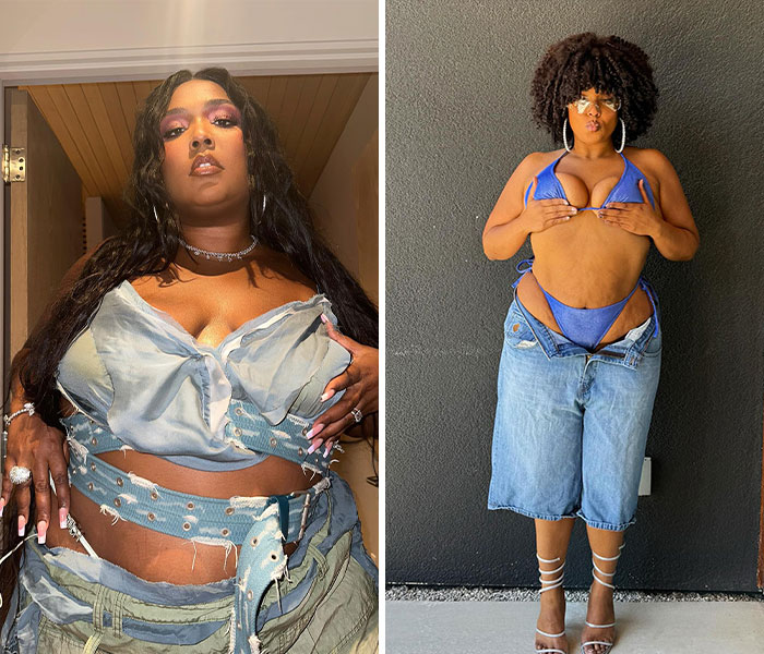 Lizzo poses in a tiny swimsuit and denim shorts, showcasing her mermaid Ozempic body after weight loss aid confession.