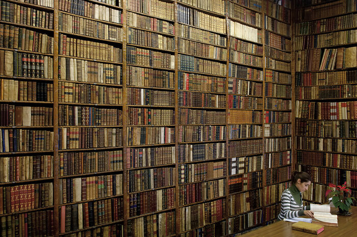 Cozy grandiose library with tall shelves filled with old books and a person reading at a wooden table.