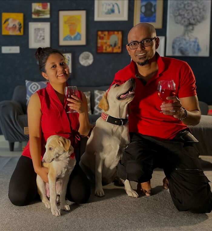 Couple with two Labradors in living room, showcasing rescue Labrador known for painting with her mouth and creating unique art.