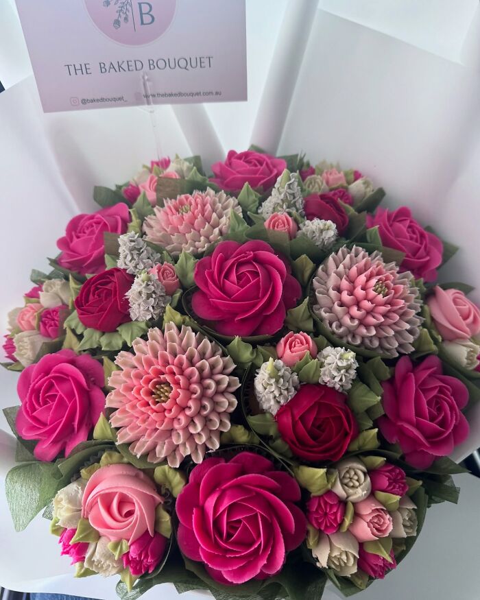 Baked goods crafted to look like vibrant flower bouquets with detailed pink and red floral designs.