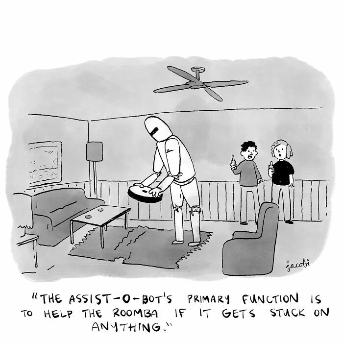 Single-panel comic by artist Jacob Breckenridge featuring a robot helping a Roomba in a living room setting.