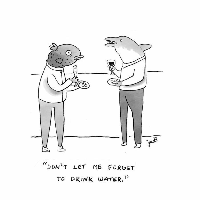 Single-panel comic by Jacob Breckenridge featuring a fish-headed character reminding to drink water at a social event.