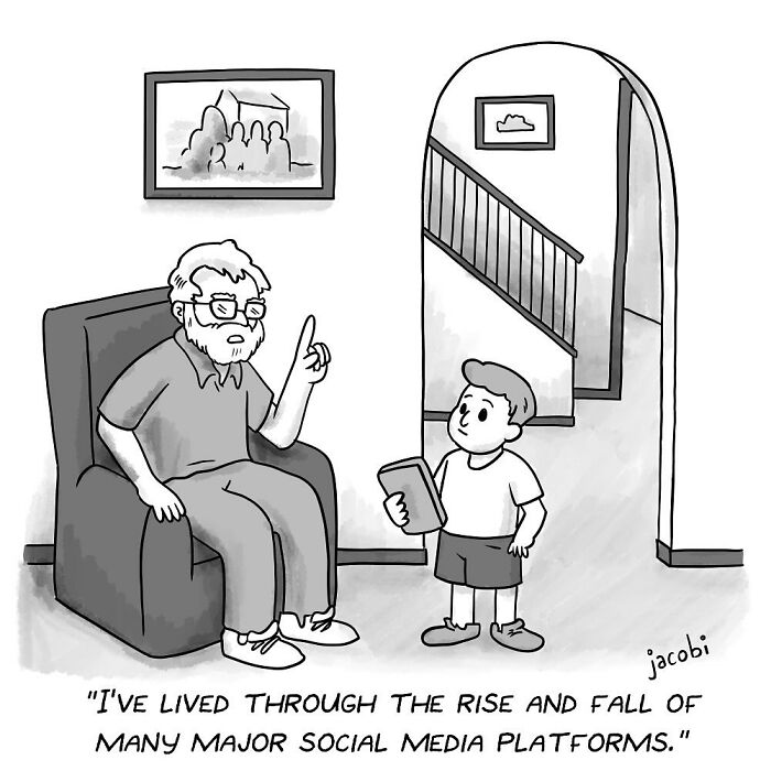 Single-panel comics by artist Jacob Breckenridge showing a conversation about the rise and fall of social media platforms.