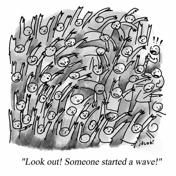 Single-panel comic by Jacob Breckenridge showing a crowd creating a wave in a stadium setting.