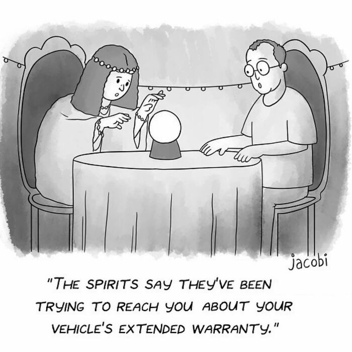 Single-panel comic by artist Jacob Breckenridge showing a fortune teller warning about a vehicle's extended warranty.
