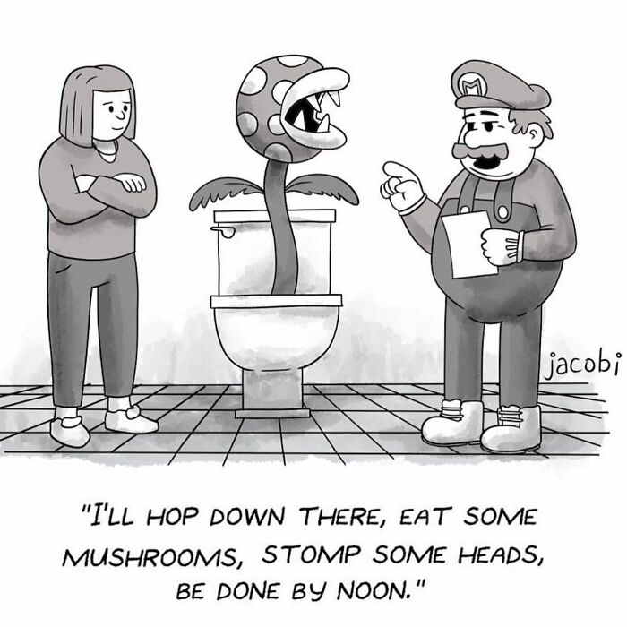 Single-panel comic by Jacob Breckenridge showing a character resembling Mario planning to fight a piranha plant in a toilet.