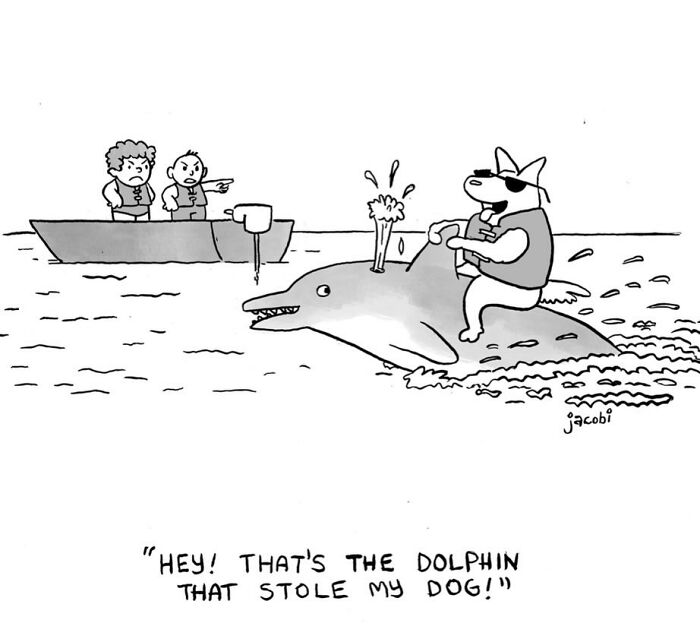 Single-panel comic by artist Jacob Breckenridge showing a dog riding a dolphin while two people shout from a boat.