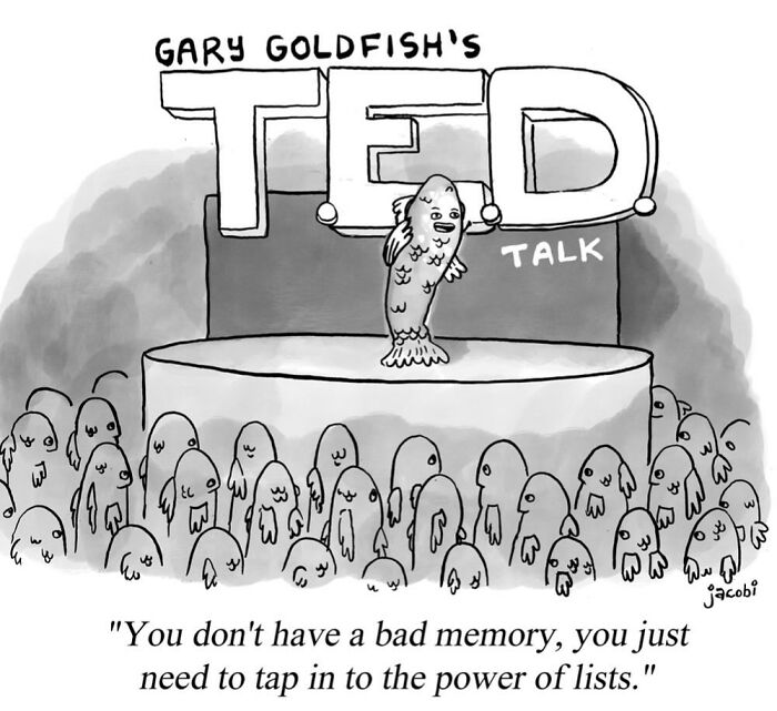 Single-panel comic by Jacob Breckenridge features a fish giving a TED talk to an audience of fish characters.