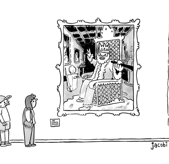 Two people viewing a single-panel comic by artist Jacob Breckenridge depicting a king in a throne room.