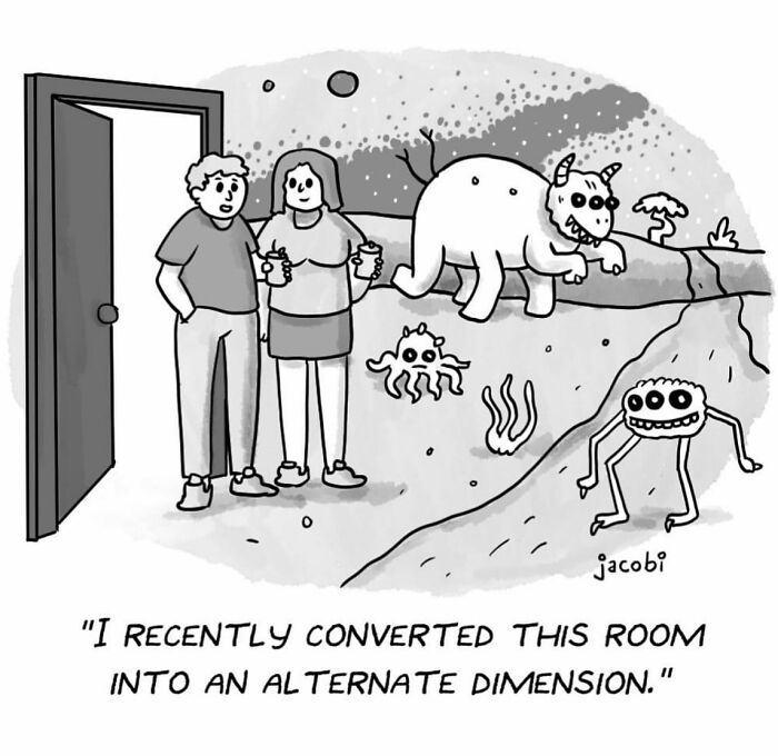 Single-panel comic by Jacob Breckenridge showing a couple surprised by monsters in an alternate dimension room.