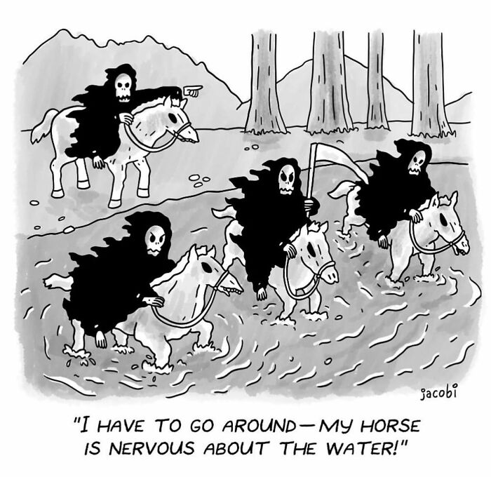 Single-panel comic by Jacob Breckenridge showing four grim reapers on horses, with one avoiding water because the horse is nervous.